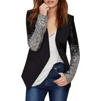 Дамско кожено яке-часова рецепция с яка издържа и дълги ръкави в стил мозайка с градиентными пайети за Парти