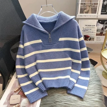 2023 Нов Пролетно-Есенен Вязаный пуловер, Дамски Елегантен Пуловер на райета, Дамски Пуловери, Свободни блузи с дълги ръкави, Джъмпери