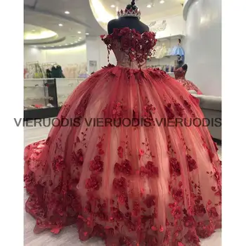 Червени Перли, мъниста, Пищни рокля с открити рамене, Бална Рокля, 3D Цветя, Сладки 15 Празнични Рокли на XV Век
