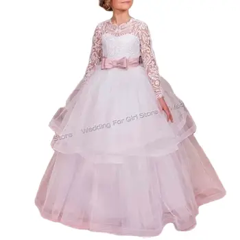 Дантелени рокли с цветя модел за момичета на сватба, Празнични рокли с дълги ръкави, Тюлевые апликация с лък с Дължина до пода, Детски съоръжения