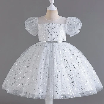 Бели Блестящи рокли с цветя модел за момичета на Сватба, на Празнично парти, Фатиновое Принцеса Рокля с Кръгло деколте и къс ръкав, Расшитое пайети, 2023