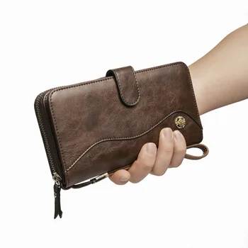 Реколта мъжки дълга чанта за мобилен телефон от бизнес кожа, мултифункционален портфейл с цип голям капацитет, с ръчно колан