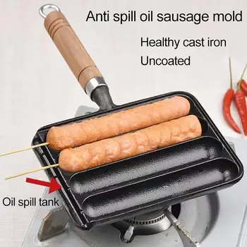 Чугунен тиган за колбаси със защита от изгаряния, дървена дръжка незалепващо покритие, тиган за наденички на скара, Кухня за използване на открито